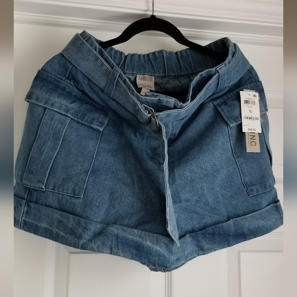 Jeannie Mai × INC Denim belted shorts